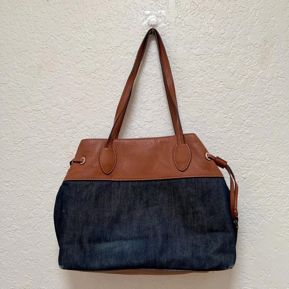 Michael Kors Marina Drawstring Denim Brown Leather Tote Shoulder Bag Designer